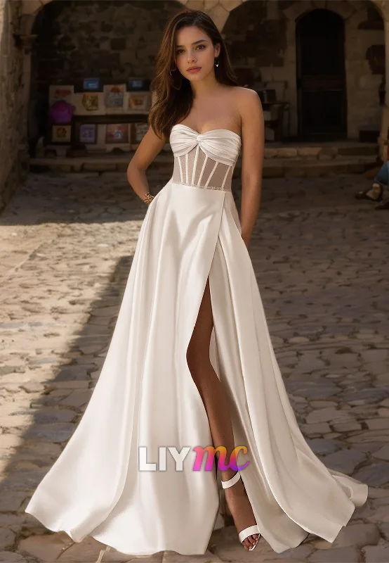 Sweetheart Sleeveless Sleek Satin Pleated A-Line Classic Wedding Dress