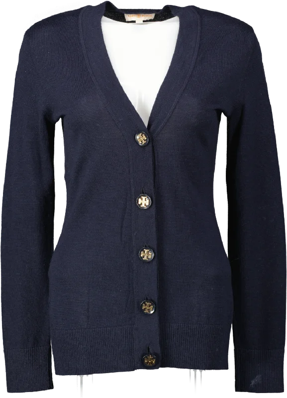 Tory Burch Navy Blue Merino Wool V-neck Cardigan With Logo Buttons UK S