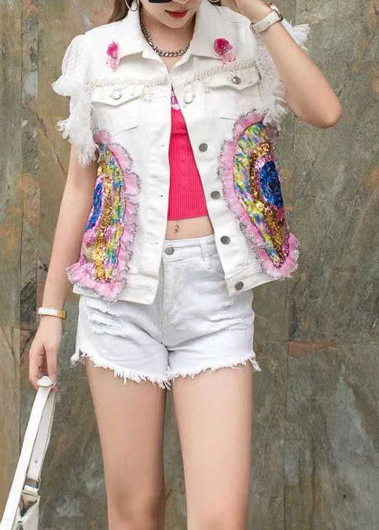 Fashion White Ruffled Sequins Nail Bead Patchwork Denim Vest Sleeveless