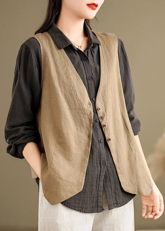 Beautiful Khaki V Neck Button Cotton Vest Tops Sleeveless