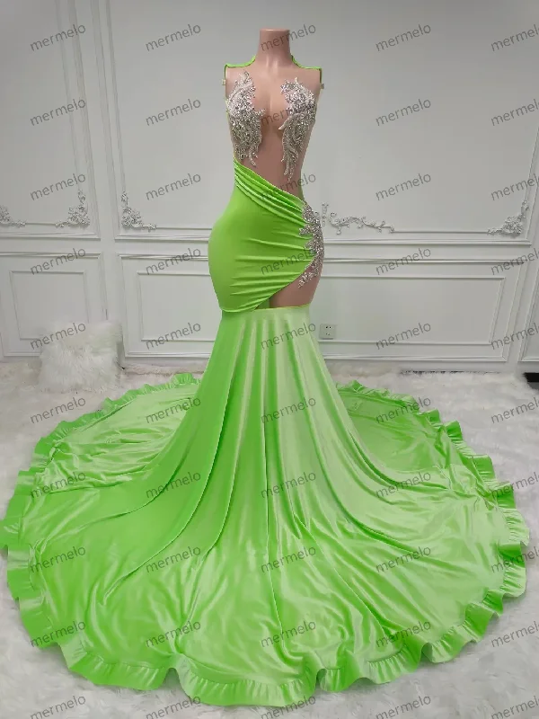 Green Long Prom Dresses For Black Girls Mermaid Sheer Crystals American African Evening Gown Birthday Party Robe Customized