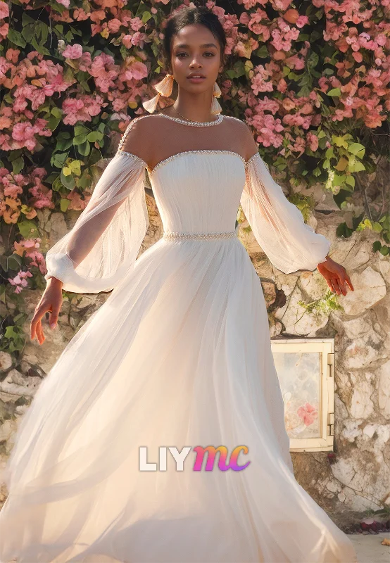 Scoop Long Sleeves Chiffon A-Line Beach Wedding Dress