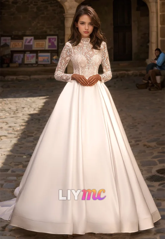 High Neck Long Sleeves Lace Appliques Pleated Satin A-Line Wedding Dress