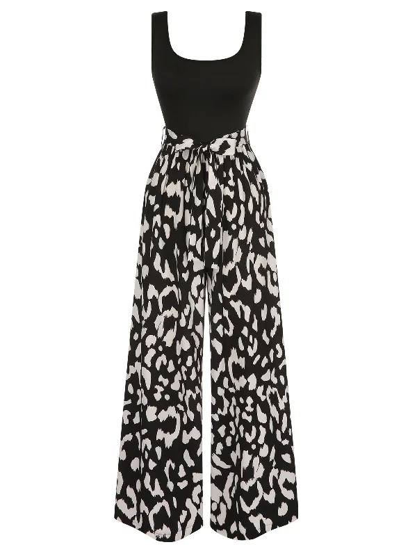 Black 1930s U-Neck Graphic Print Belted Jumpsuit