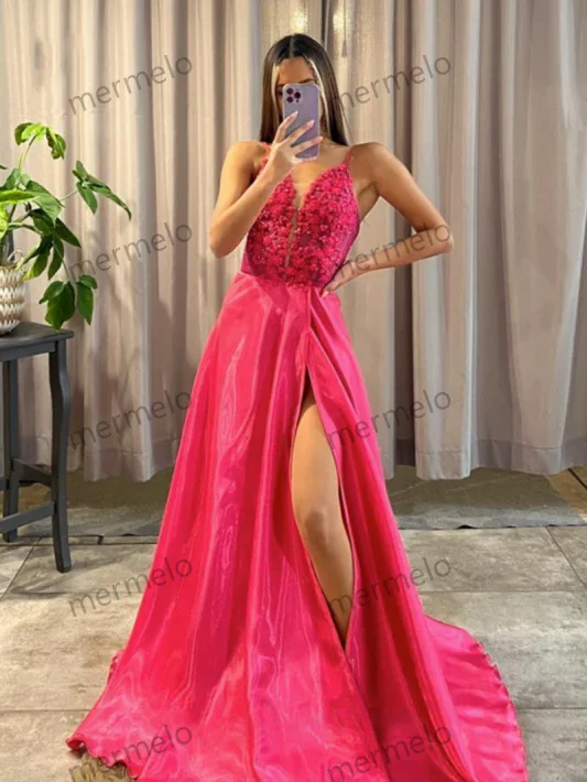 Pink Deep V-Neck Applique A-Line Long Prom Dress with Slit