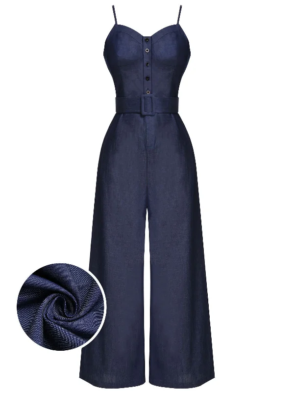 Navy Blue 1930s Cowboy Solid Strap Jumpsuit