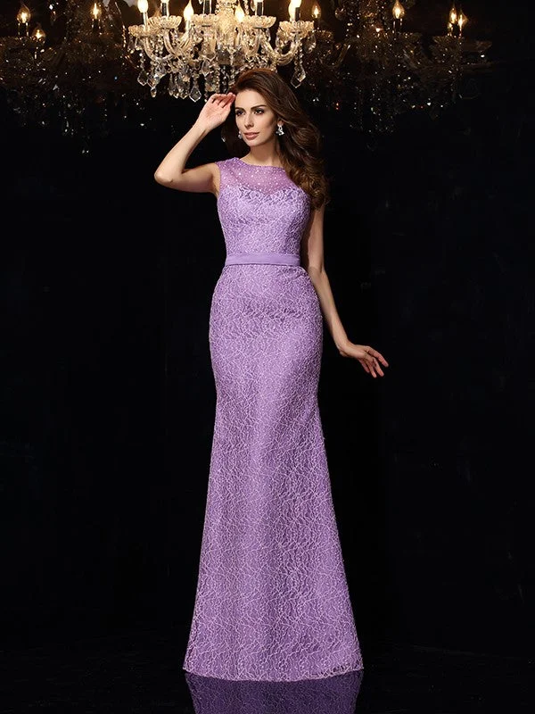 Sheath/Column Scoop Lace Sleeveless Long Dresses