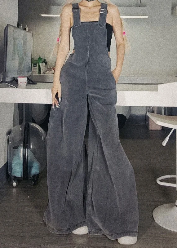 New Grey Zippered Pockets Denim Jumpsuit Sleeveless