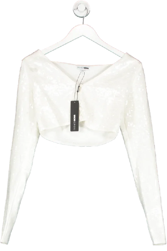 Fashion Nova Cream Star Of The Show Sequin Cardigan UK XS