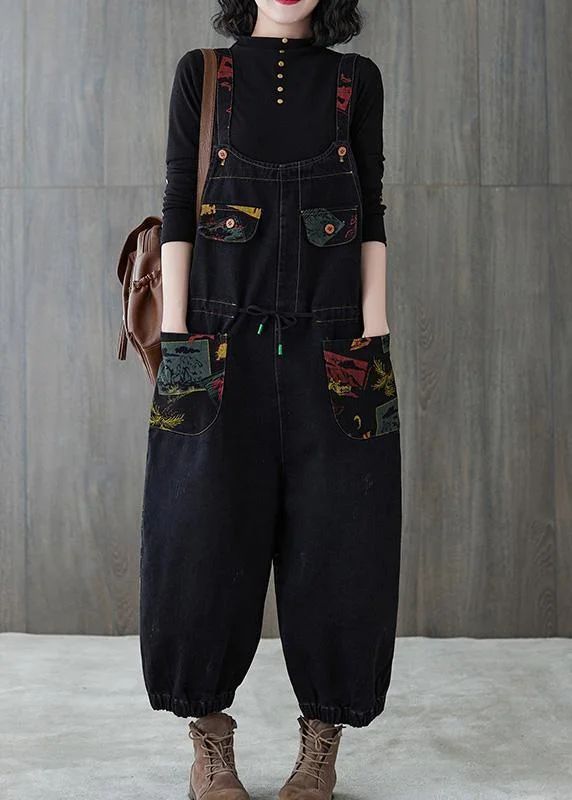 Vivid Denim Black Casual Pants Loose Spring Jumpsuit Pants