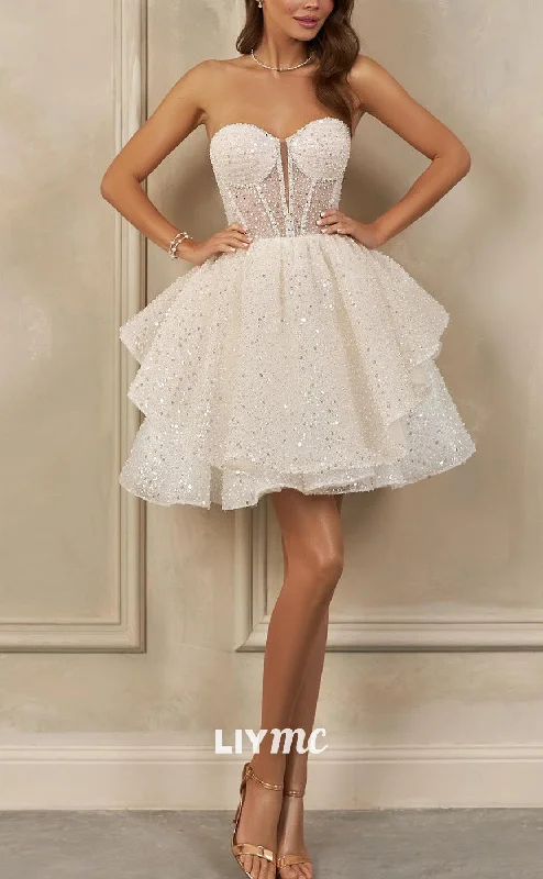 LW952 - Sweetheart Puff Sleeves Sparkly Pleated A-Line Short Beach Wedding Dress