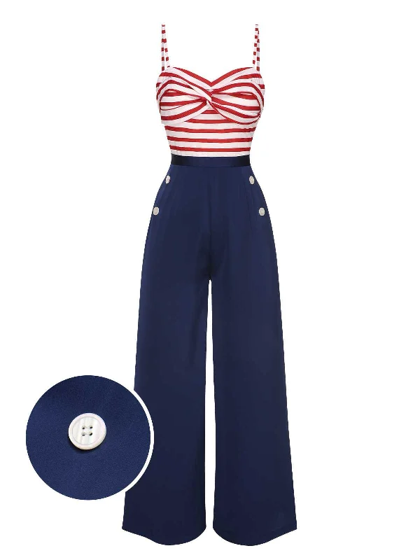 Dark Blue 1930s Spaghetti Strap Stripes Jumpsuit