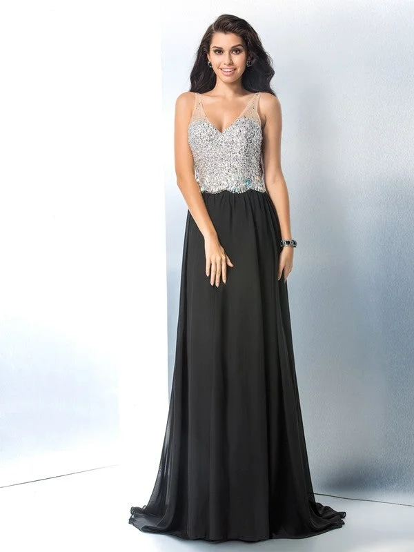 A-Line/Princess V-neck Beading Sleeveless Long Chiffon Dresses