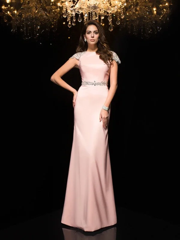 Sheath/Column Jewel Beading Short Sleeves Long Satin Dresses