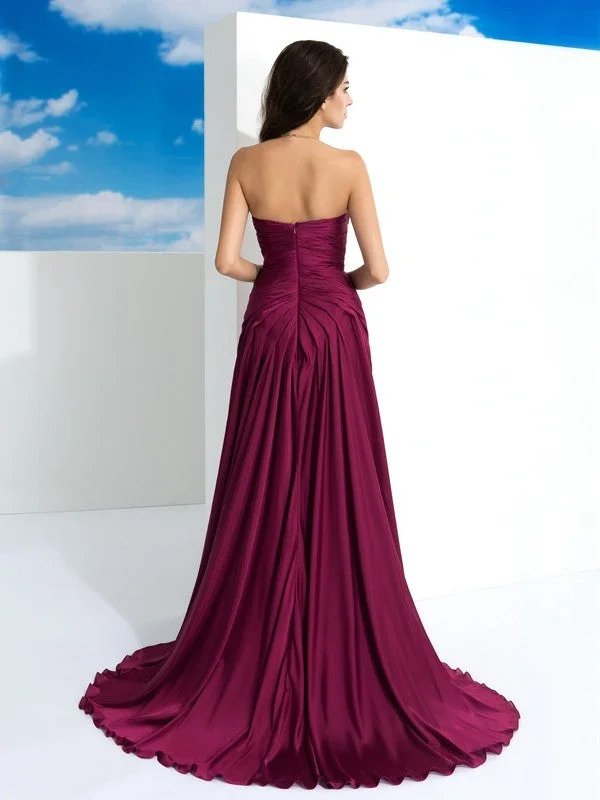 A-Line/Princess Strapless Pleats Sleeveless Long Satin Chiffon Dresses