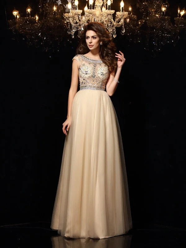 A-Line/Princess Scoop Beading Sleeveless Long Net Dresses