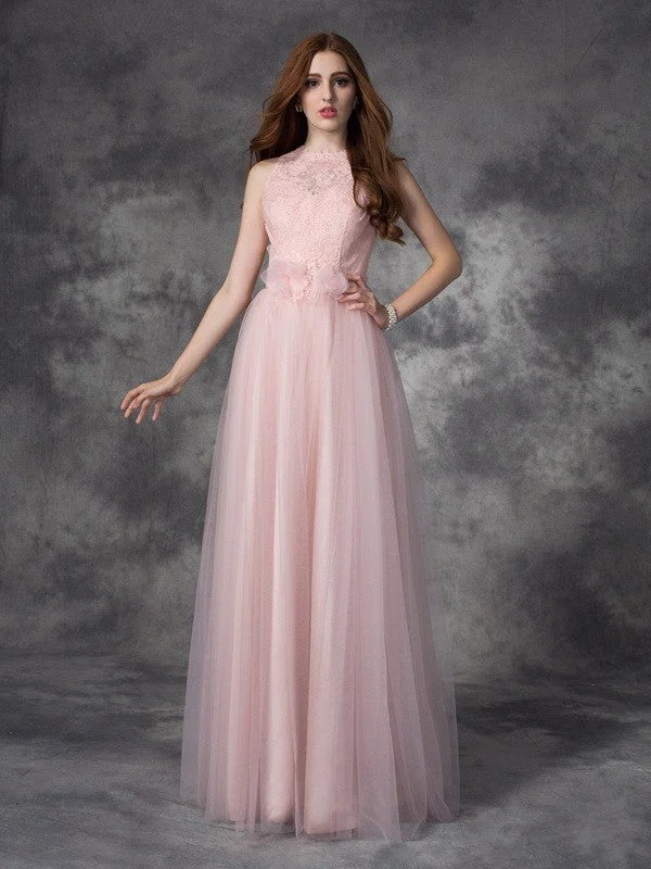 A-line/Princess Bateau Hand-Made Flower Sleeveless Long Net Dresses