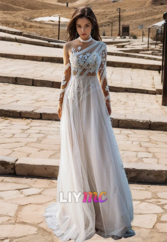 One Shoulder Long Sleeves Lace Appliques Tulle A-Line Wedding Dress