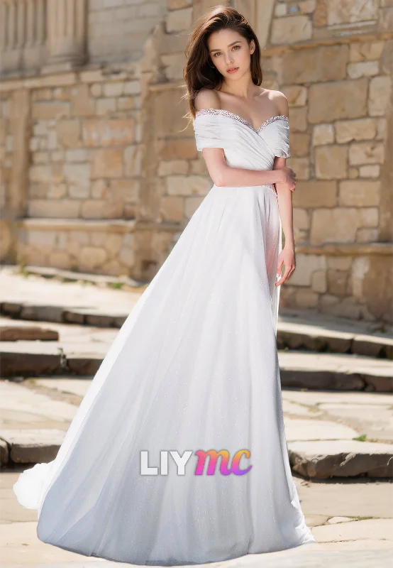 Off-Shoulder Sleeveless Pleated Sleek A-Line Simple Wedding Dress