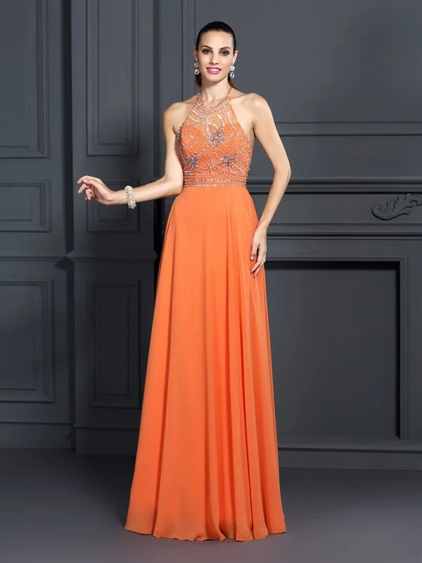 A-Line/Princess Scoop Beading Sleeveless Long Chiffon Dresses