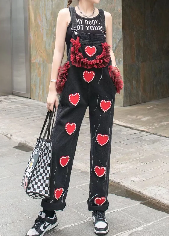 Unique Black Ruffled Nail Bead Patchwork Spaghetti Strap Denim Jumpsuits Summer