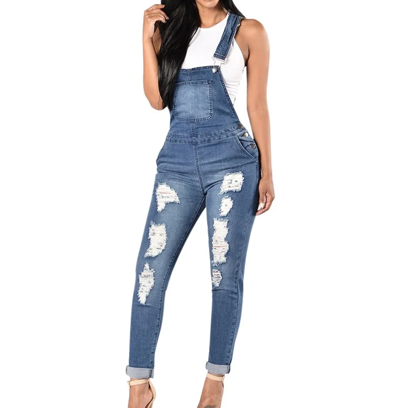 2019 Spring Women Denim Overalls Jumpsuits Ripped Holes Casual Pockets Sleeveless Jumpsuits Hollow Out Slim Rompers 2XL