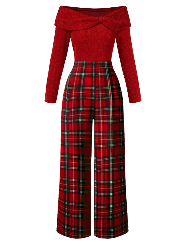 Red 1950s Off Shoulder Plaids Jumpsuit