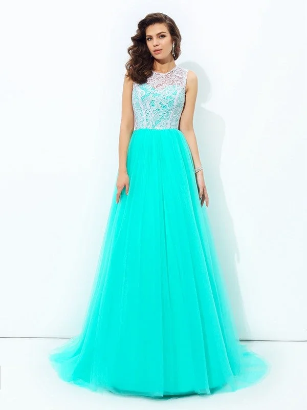 A-line/Princess Scoop Lace Sleeveless Long Net Dresses