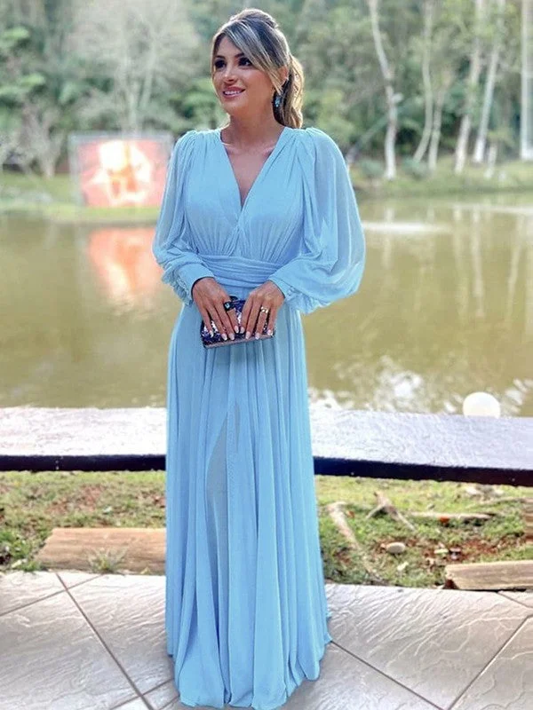 A-Line/Princess Chiffon Ruffles V-neck Long Sleeves Floor-Length Mother of the Bride Dresses