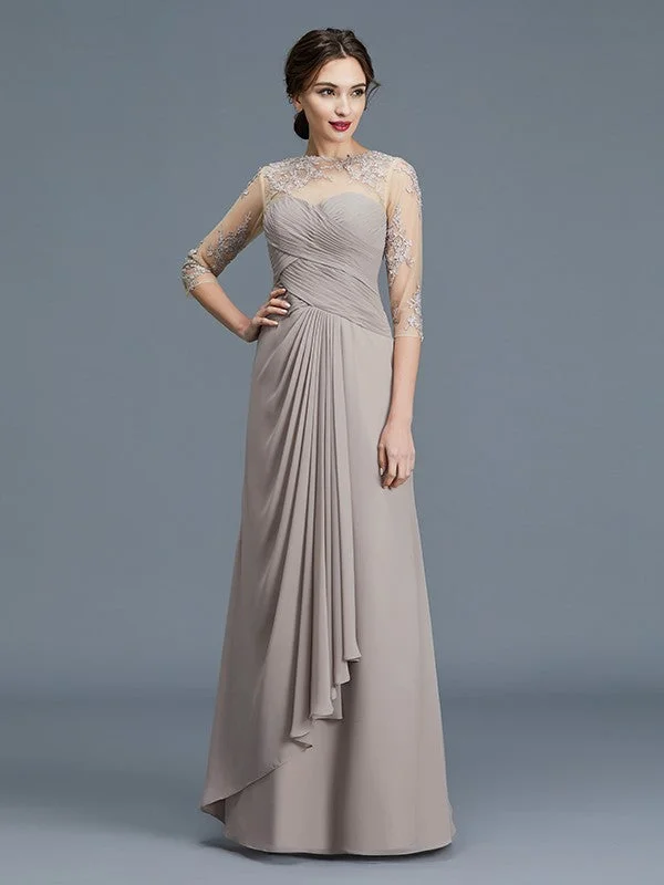 A-Line/Princess Sheer Neck 3/4 Sleeves Ruffles Chiffon Floor-Length Mother of the Bride Dresses