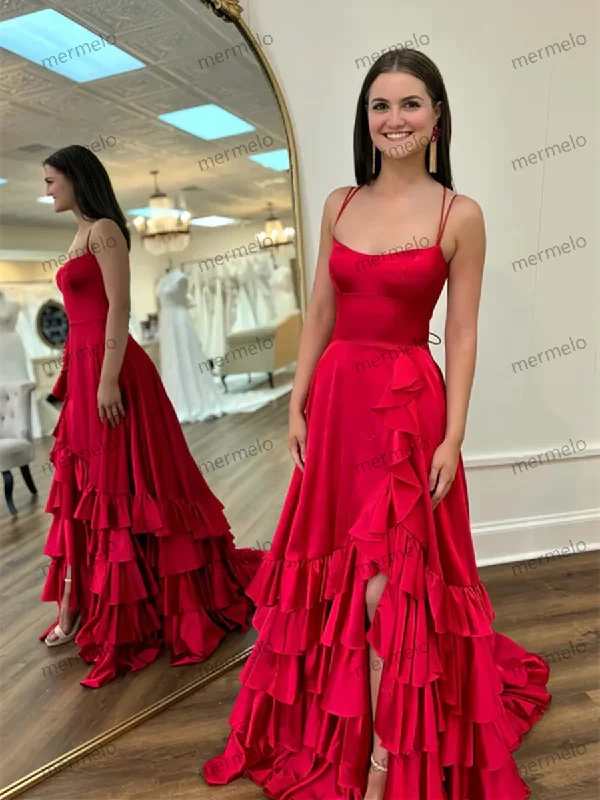 Red Satin Straps Cross Back Long Party Dress, Red Satin Prom Dress