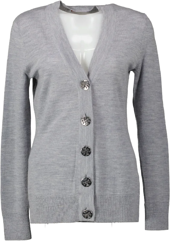 Tory Burch Grey Merino V-neck Cardigan With Silver Logo Buttons UK S