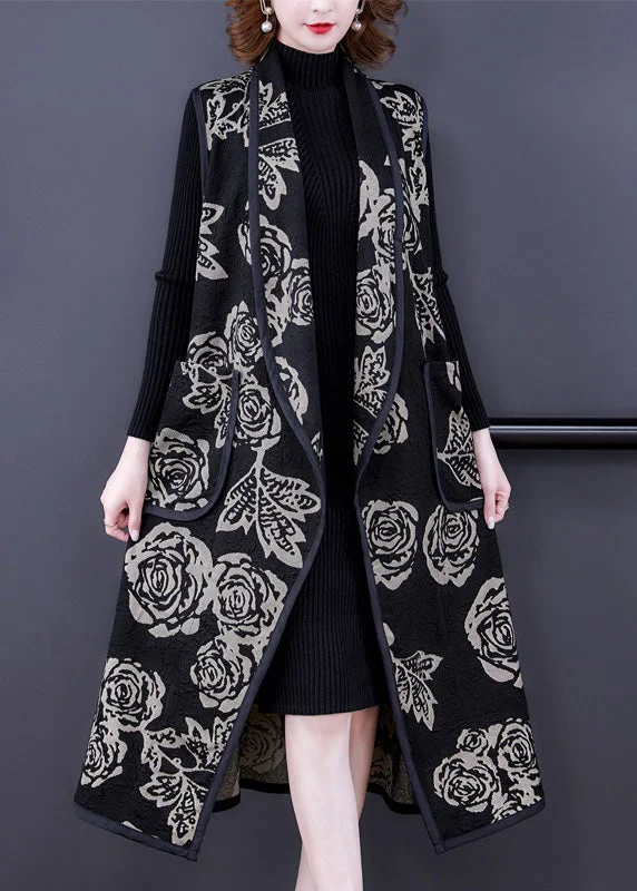 Fine Black V Neck Print Patchwork Long Knit Waistcoat Spring