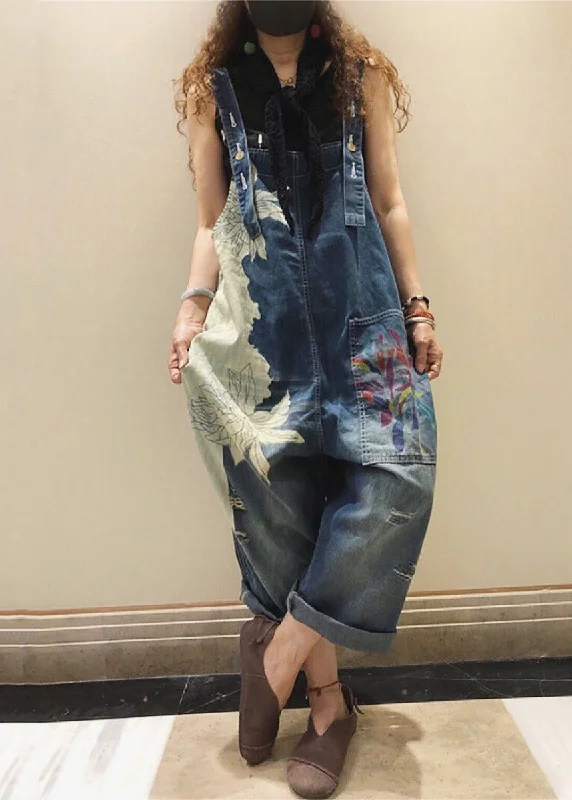 Chic Blue Print Pockets High Waist Denim Jumpsuit Sleeveless