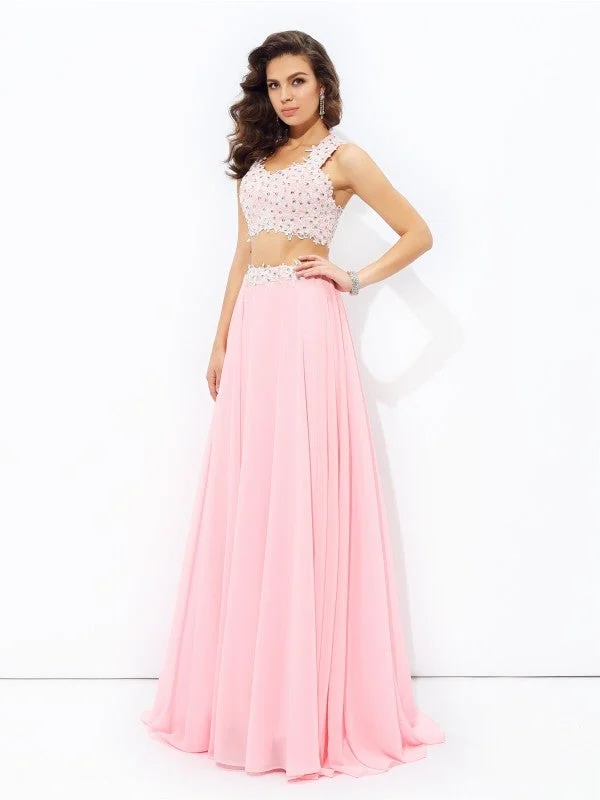 A-line/Princess Straps Applique Sleeveless Long Chiffon Two Piece Dresses