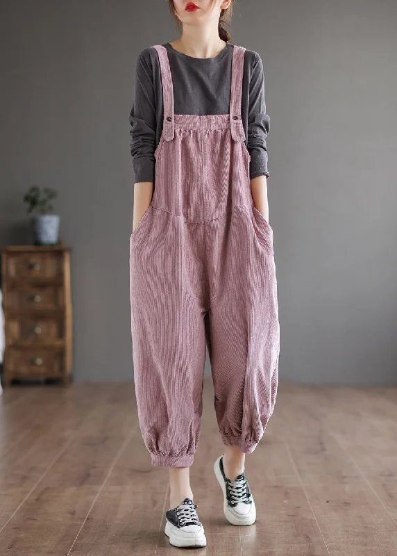 Women Pink Oversized Solid Color Corduroy Jumpsuits Fall