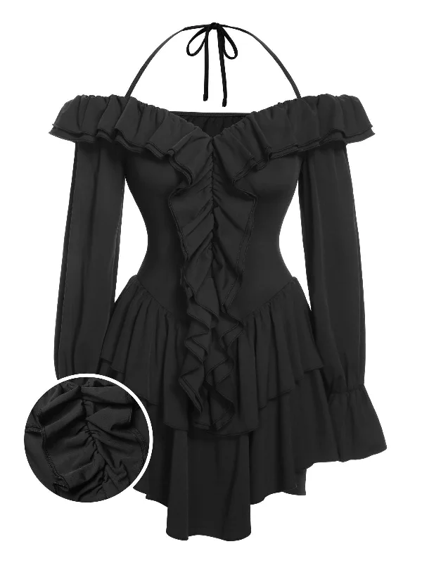 Black 1950s Solid Ruffle Off-Shoulder Romper