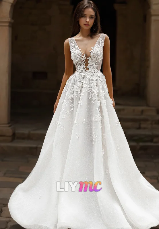 V-Neck Sleeveless Floral Floral Embellished A-Line Wedding Dress