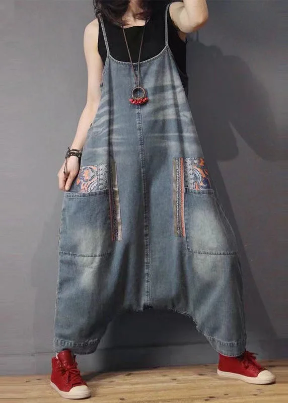 French Blue Pockets High Waist Denim Jumpsuit Sleeveless