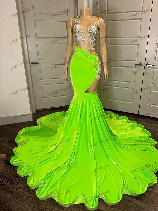 Green Long Prom Dress For Black Girls Mermaid Sheer Beaded Crystals Birthday Party Dresses Women Evening Gown Customized