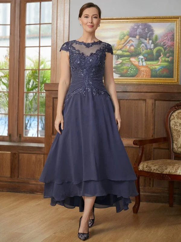 A-Line/Princess Chiffon Applique Scoop Short Sleeves Asymmetrical Mother of the Bride Dresses