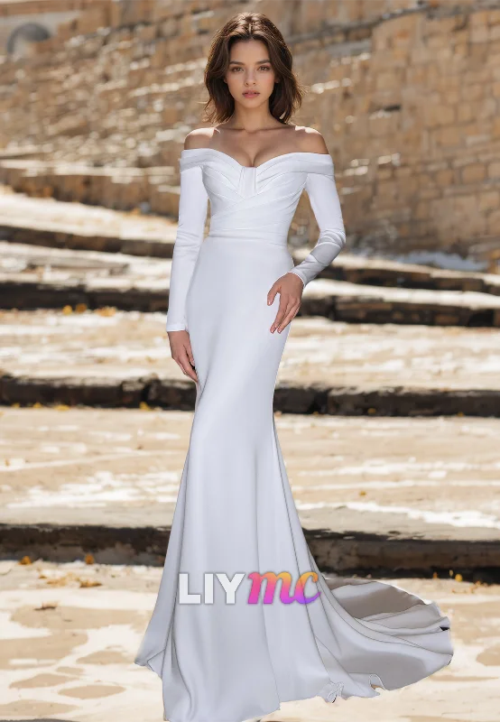 V-Neck Long Sleeves Sleek Satin Mermaid Beach Wedding Dress