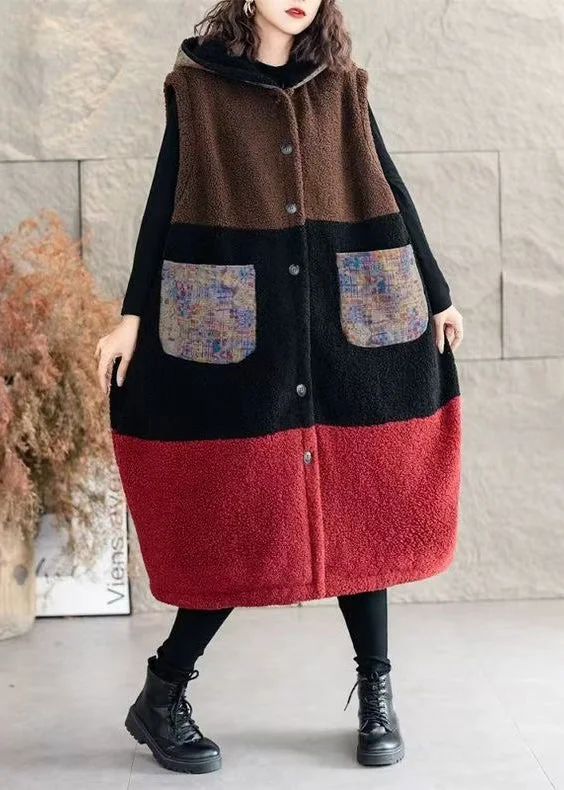 Loose Red Hooded Faux Fur Patchwork Fine Cotton Filled Vest Sleeveless