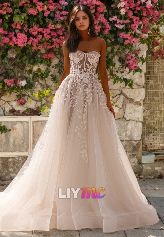 Sweetheart Sleeveless Tulle Appliques A-Line Wedding Dress