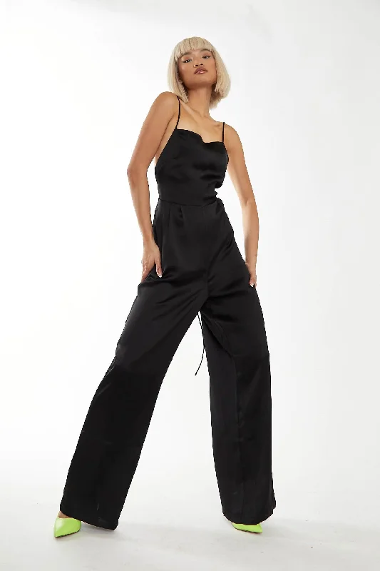 Black Wide Leg Low Tie-back Jumpsuit