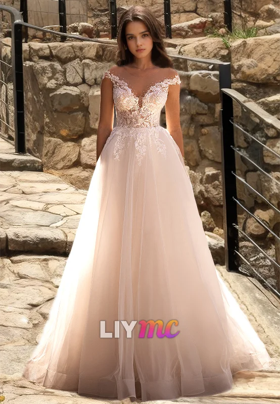 V-Neck Straps Lace Appliques Tulle A-Line Wedding Dress