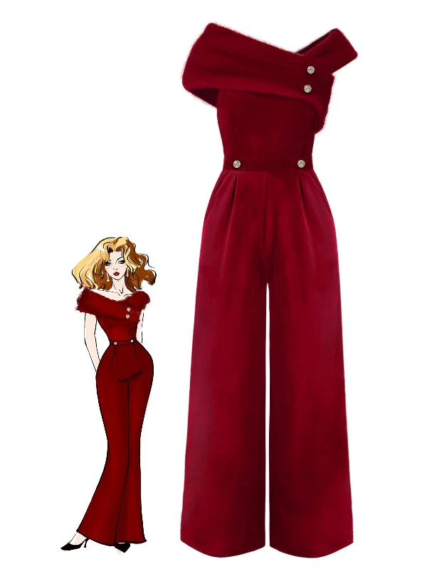 Red 1950s Velvet Off Shoulder Button Jumpsuit