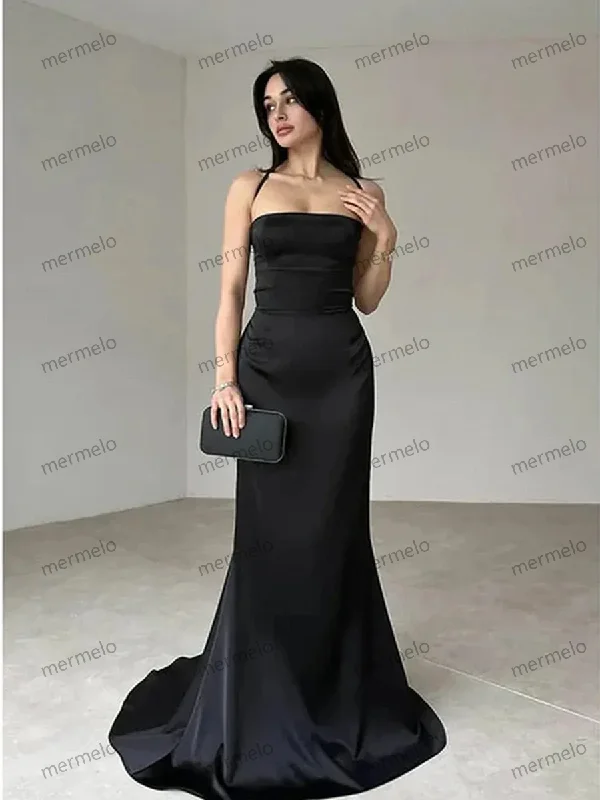 Black Satin Mermaid Straps Long Formal Dress, Black Satin Prom Dress