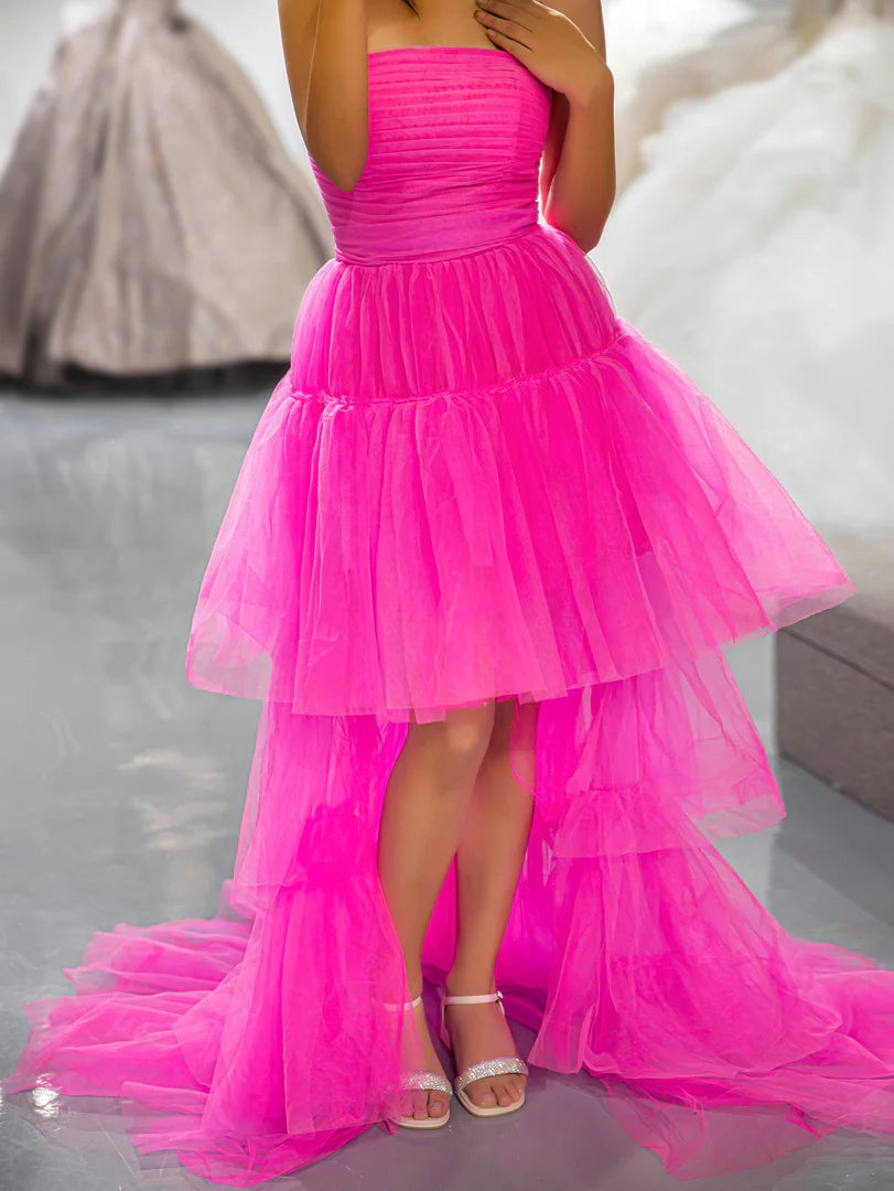 Prom Dress Tiered Long High Low Strapless Tailed Dress