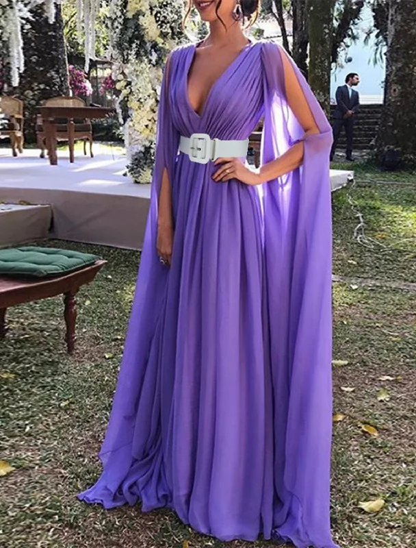 A-Line Wedding Guest Dresses Maxi Dress Wedding Party Dress Black Tie Floor Length Long Sleeve V Neck Fall Wedding Guest Chiffon with Belt